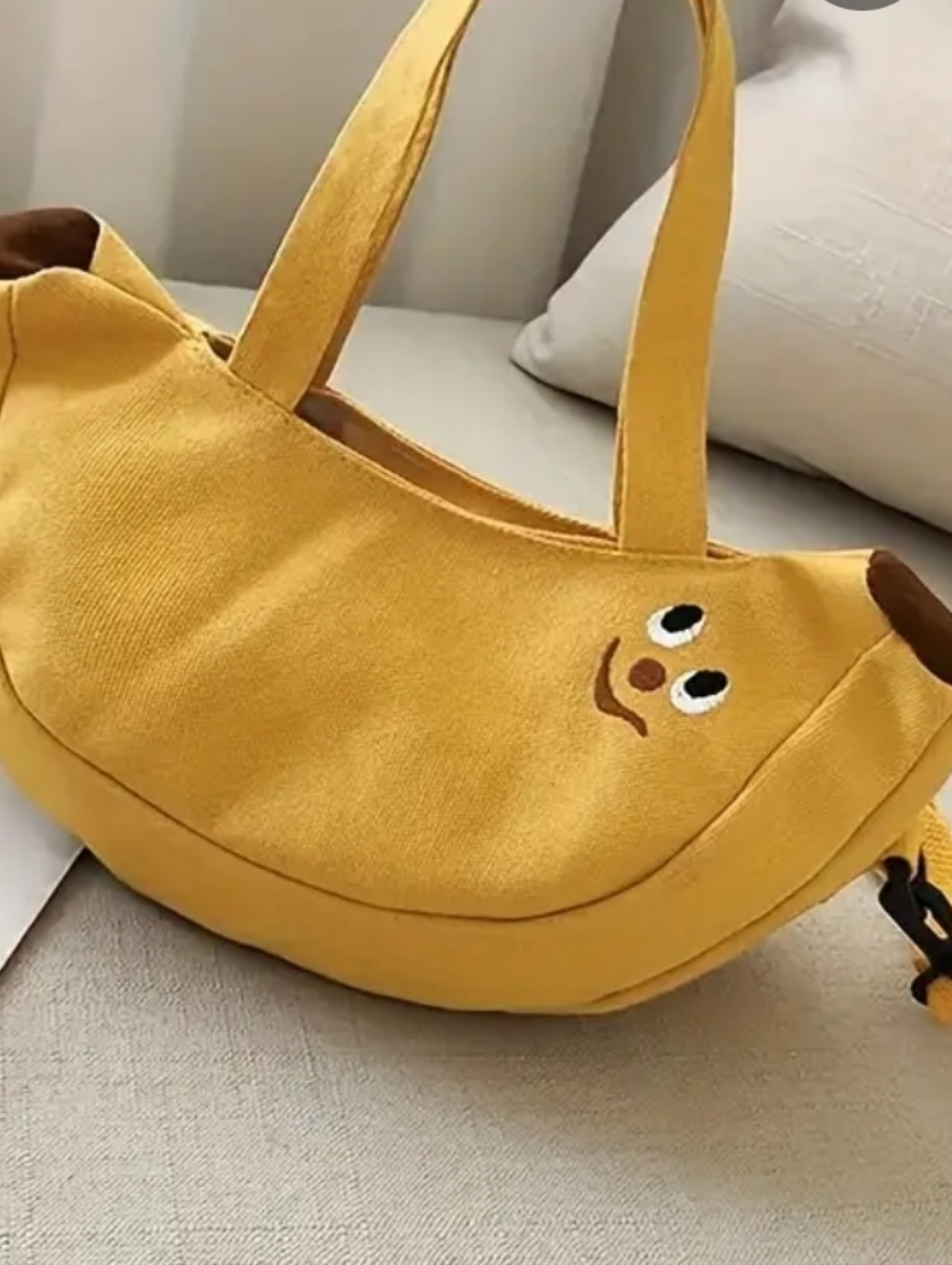 Yellow Banana Crossbody Canvas Crescent Tote Bag with Smiley Accent - Picture 4 of 9